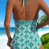 Tankini com estampa étnica e decote halter com amarração