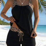 Tankini Estampa de Leopardo Canelado com Cordão de Ajuste