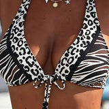 Biquíni halter com estampa de zebra e leopardo sexy
