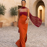 Bianca | Vestido laranja com decote vermelho
