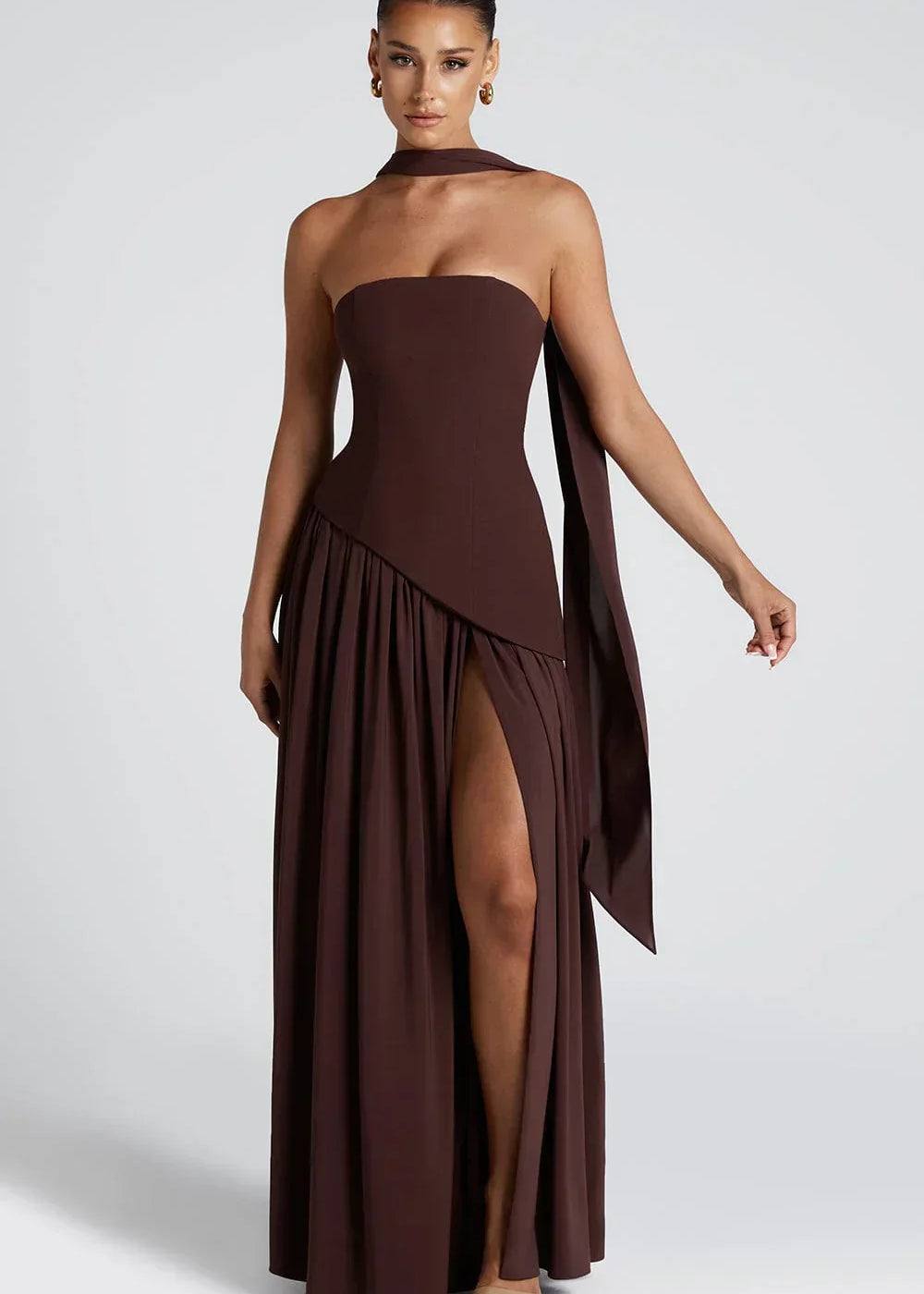Joana - Vestido Longo Detalhe de Lenço e Fenda Alta